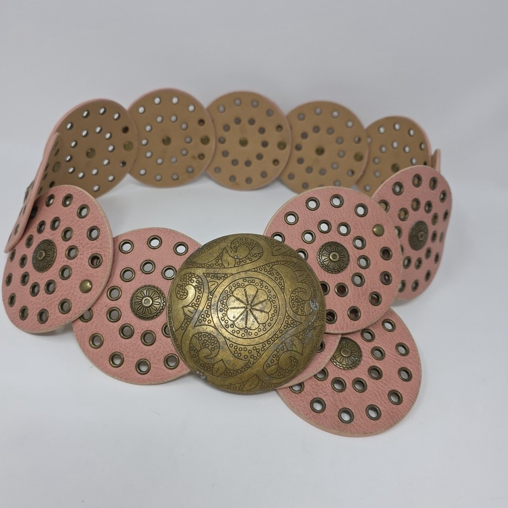 VTG Y2K Boho Western Disc Leather Belt Dusty Rose Pink Copper Buckle Eyelets